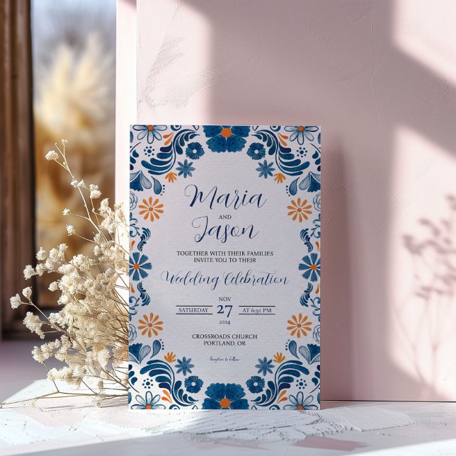 Invitation Mariage Fiesta mexicain bleu orange floral élégant (Mexican Blue Orange Floral Elegant Fiesta Wedding Invitation)