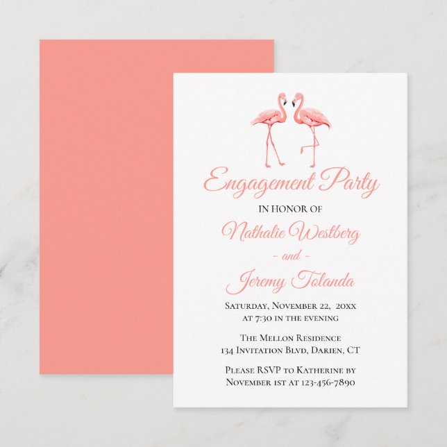 Invitation Mariage Flamant rose rose de la partie d'engagemen (Devant / Derrière)