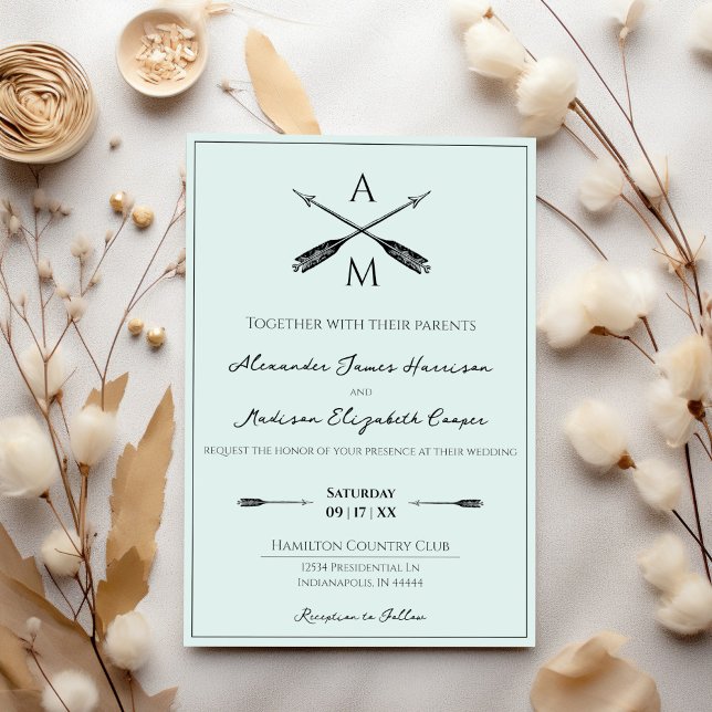 Invitation Mariage Flèches et monogrammes | Vert menthe (Mint Green Arrows and Monograms Wedding Invitation)