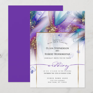 Invitation MARIAGE Fleur Abstraite Turquoise violet frappan