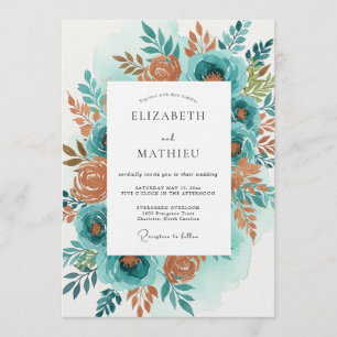 Invitation Mariage Fleur Bloom Orange Sarcelle Peint