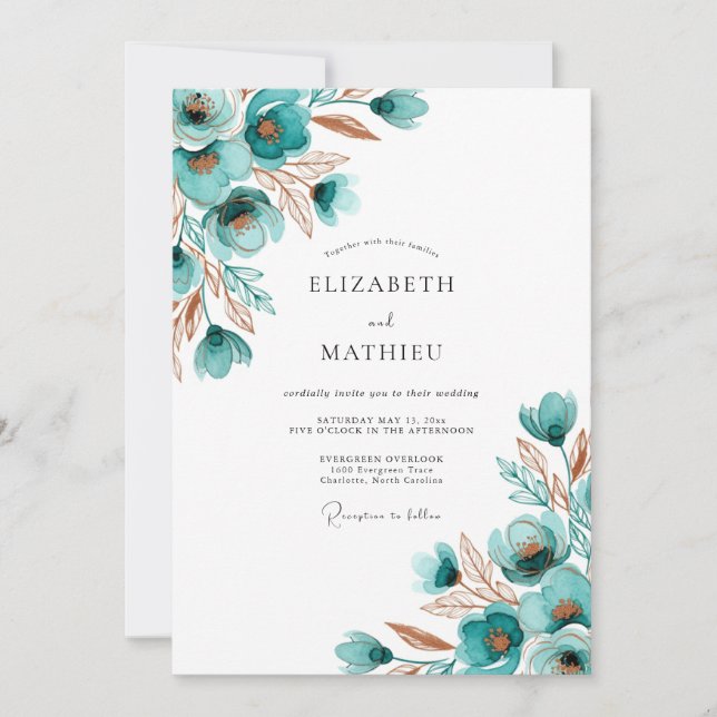 Invitation Mariage Fleur Bloquée Sarcelle (Devant)