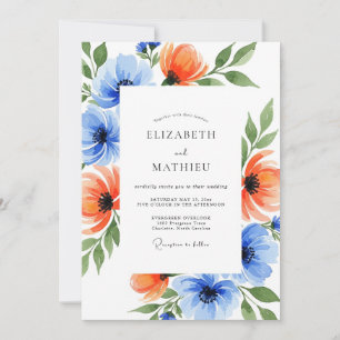 Invitation Mariage Fleur Corail Bleu de Style Pictural
