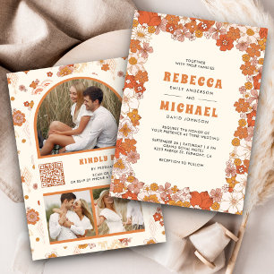 Invitation Mariage Fleur de Champ Orange Crème Rétro Groovy