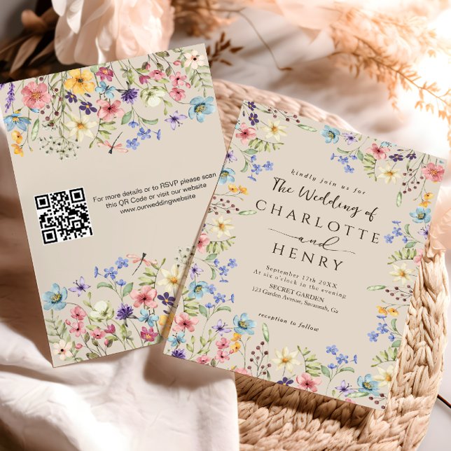 Invitation Mariage Fleur de Champ Rustique Simple Code QR Mod (Créateur téléchargé)
