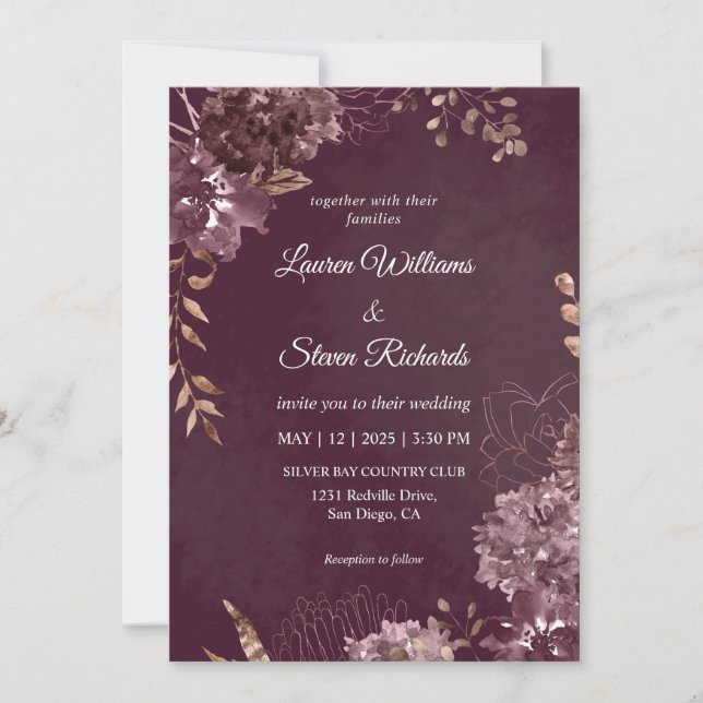 Invitation Mariage Fleur de chocolat foncé et violet foncé (Devant)