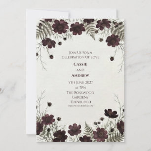 Invitation Mariage Fleur de Cosmos Fougère Bordeaux Foncé