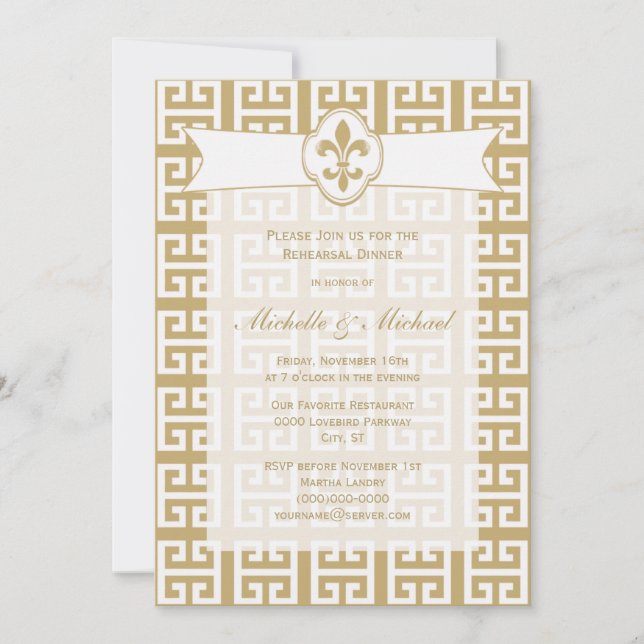 Invitation Mariage Fleur de Lis Clé Grecque Événement Or Blan (Devant)