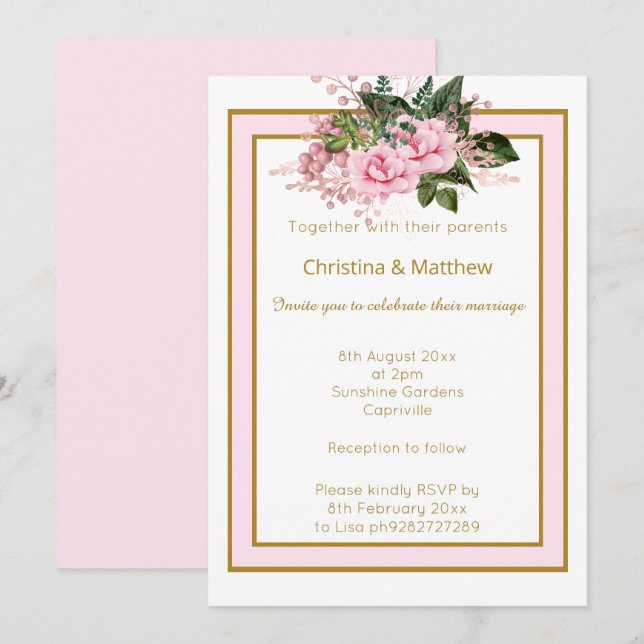 INVITATION MARIAGE FLEUR DE MARIÉE MODERNE ÉLÉGANT ROSE OR BL (Devant / Derrière)
