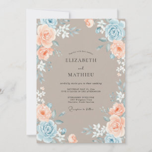 Invitation Mariage Fleur de Pêche Bleu Poussiéreux
