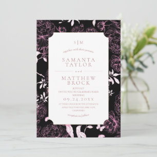 Invitation Mariage Fleur de Pivoine Noir Rose Moderne Françai