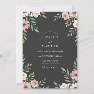 Invitation Mariage Fleur de Pivoine Rose Pâle sur Ardoise