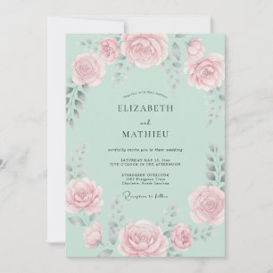 Invitation Mariage Fleur de Rose Rose Menthe