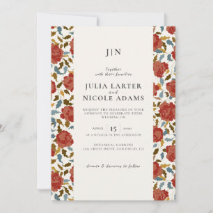 Invitation Mariage Fleur de Rose Rouge Dorée Élégante Poussié