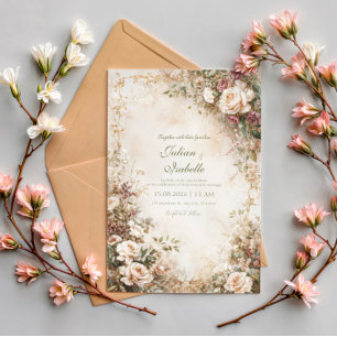 Invitation Mariage Fleur de Rose Sépia Vintage Mauve Poussiér