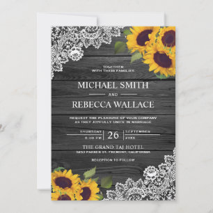 Invitation Mariage Fleur de Tournesol Grise Charbon Rustique 