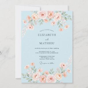 Invitation Mariage Fleur Délicate Bleu Ciel