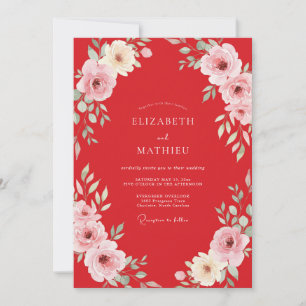 Invitation Mariage Fleur Épanouie Rouge Écarlate