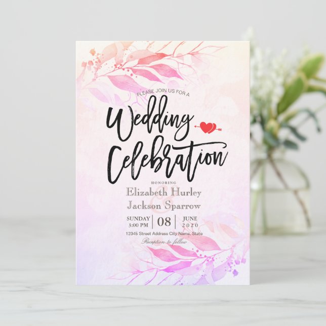 Invitation Mariage Fleur Feuilles Aquarelle Magenta Botanique (Debout devant)