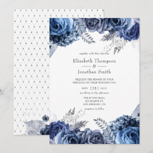 Invitation Mariage Fleur Florale Navy et Blanc avec Feuille d