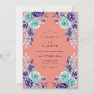 Invitation Mariage Fleur Peinte Corail Aqua