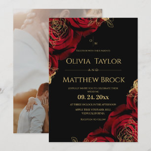Invitation Mariage Fleur Rose Noir Bourgogne Photo