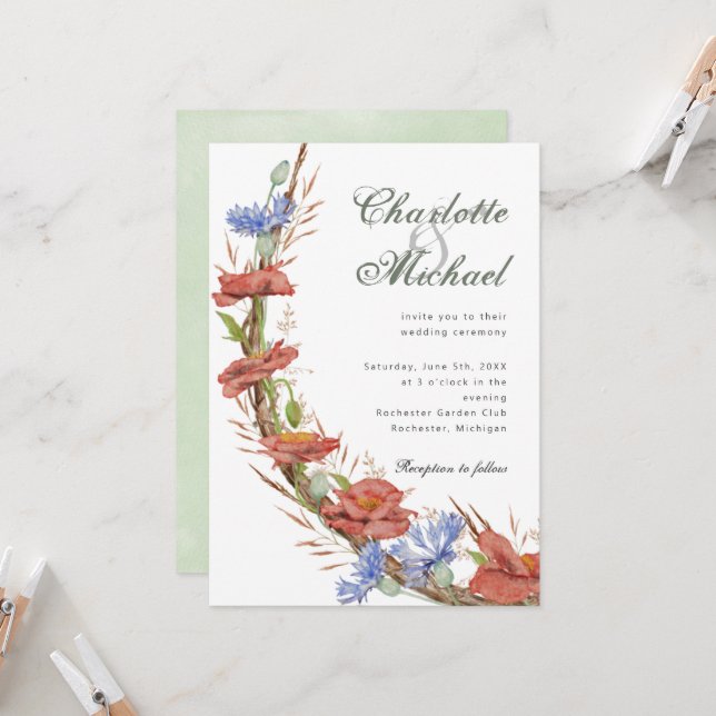 Invitation Mariage fleur sauvage aquarelle (Devant/Arrière en situation)