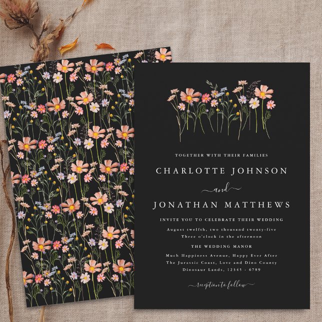Invitation Mariage Fleur sauvage Boho noir et blanc (Boho fall Wildflower floral black and white Wedding invitation simple Watercolor autumn flowers)