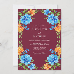 Invitation Mariage Fleur Sauvage Bordeaux Cobalt