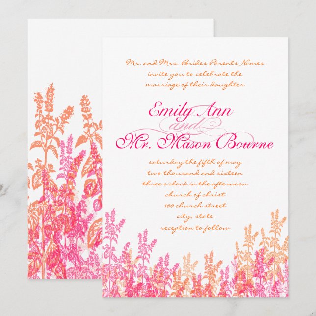 Invitation Mariage Fleur sauvage corail et rose (Devant / Derrière)