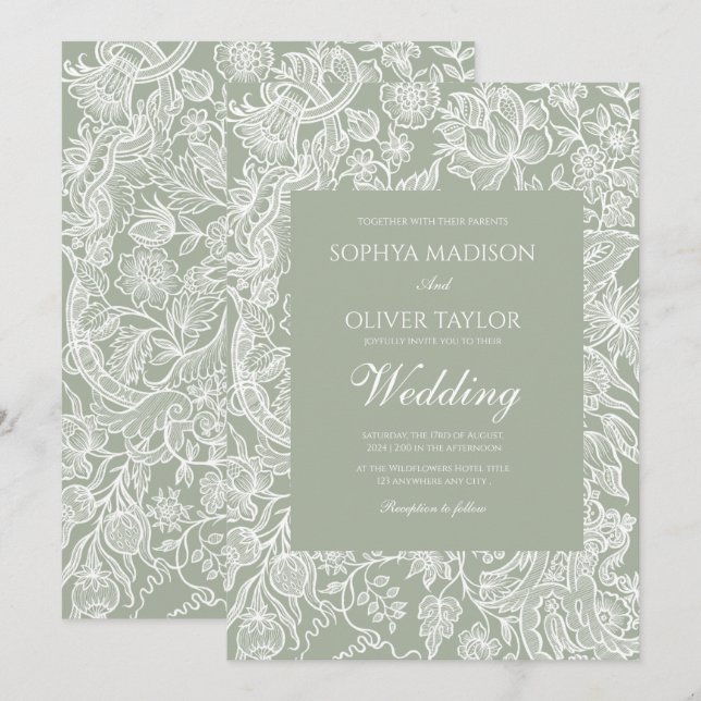 Invitation Mariage Fleur sauvage d'art simple Sage Green Line (Devant / Derrière)
