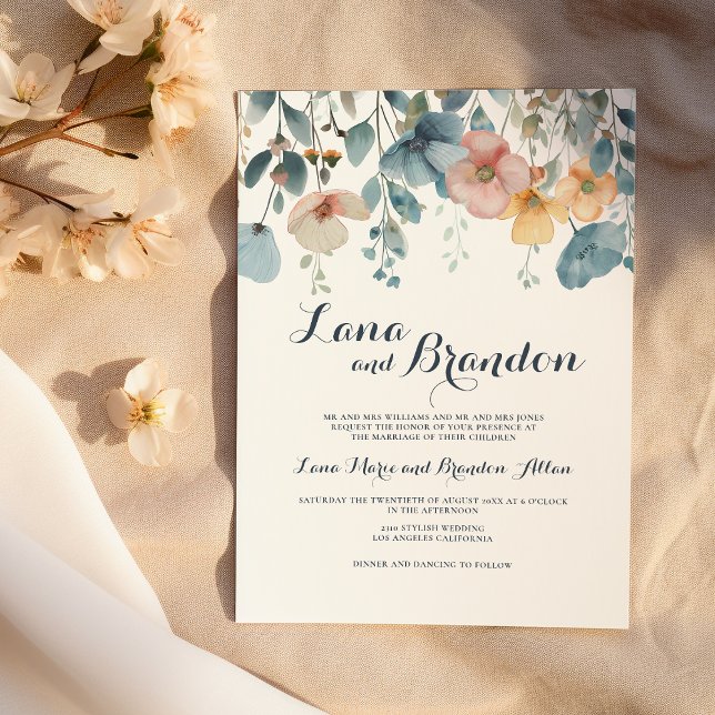 Invitation Mariage fleur sauvage de printemps rose Aquarelle (Watercolor pink blue spring wildflowers wedding)