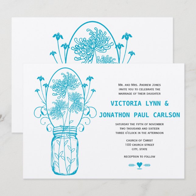 Invitation Mariage Fleur sauvage Die Cut Aqua Blue Mason Jar (Devant / Derrière)