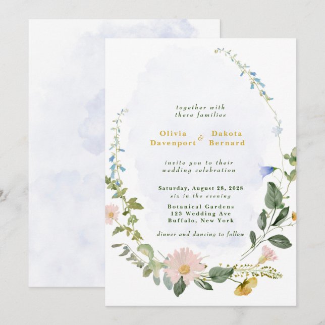 Invitation Mariage Fleur sauvage Dusty Blue Gold (Devant / Derrière)