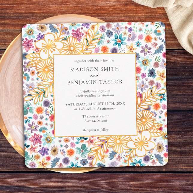 Invitation Mariage Fleur sauvage Floral Blanc Or moderne (Front)