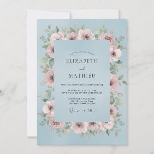 Invitation Mariage Fleur Sauvage Mauve Bleu Acier