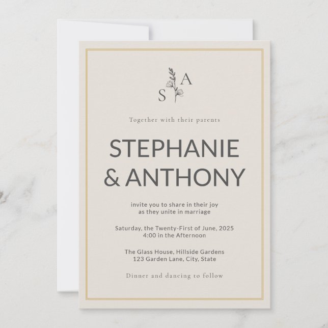 Invitation Mariage Fleur sauvage minimaliste de monogramme be (Devant)