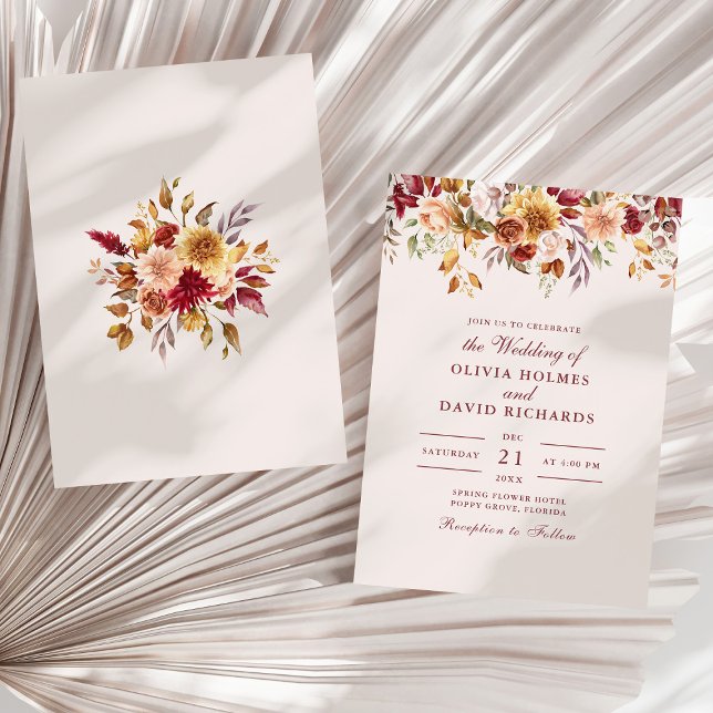 Invitation Mariage Fleur sauvage moderne Burange Orange (Modern Burnt Orange Terracotta Wildflowers Wedding Invitation on a sunny white dry palm leaf.)