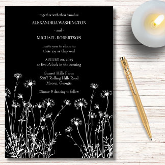 Invitation Mariage Fleur Sauvage Moderne Noir & Blanc