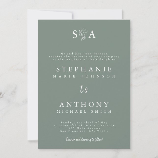 Invitation Mariage Fleur sauvage Monogram Sage Green (Devant)