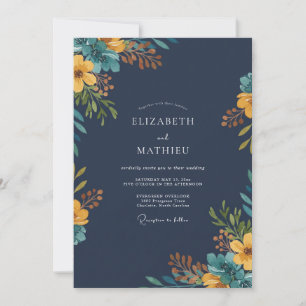 Invitation Mariage Fleur Sauvage Moutarde Navy