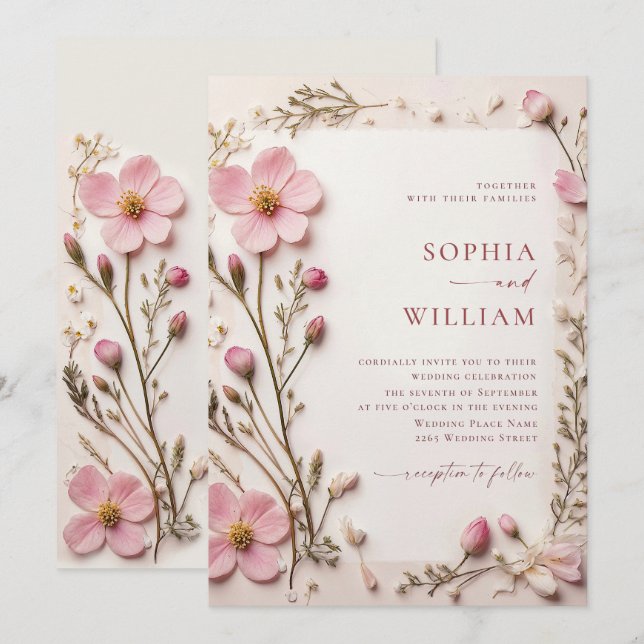 Invitation Mariage Fleur sauvage Pastel Pink Blush Boho (Devant / Derrière)