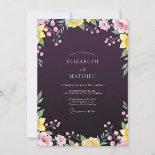 Invitation Mariage Fleur Sauvage Peinte Aubergine