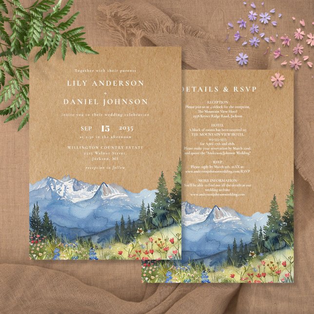 Invitation Mariage Fleur sauvage Rustique Watercolor Mountain (Rustic Watercolor Mountain Wildflower Wedding Invitation)