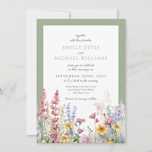 Invitation Mariage Fleur sauvage Sage Green (Devant)