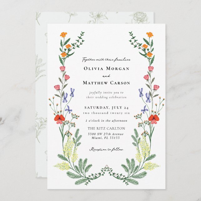 Invitation Mariage Fleur sauvage Secret Garden Boho (Devant / Derrière)