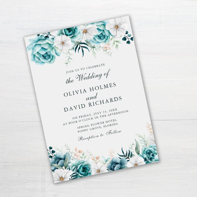 Invitation Mariage Fleur Sauvage Turquoise | Floral Bohème Bl (Off-White Teal Floral Wedding Invitation on gray table)
