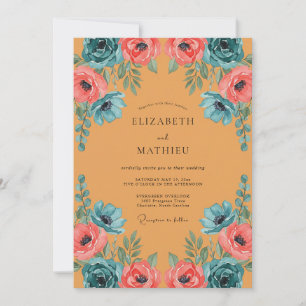Invitation Mariage Fleur Sauvage Turquoise Moutarde