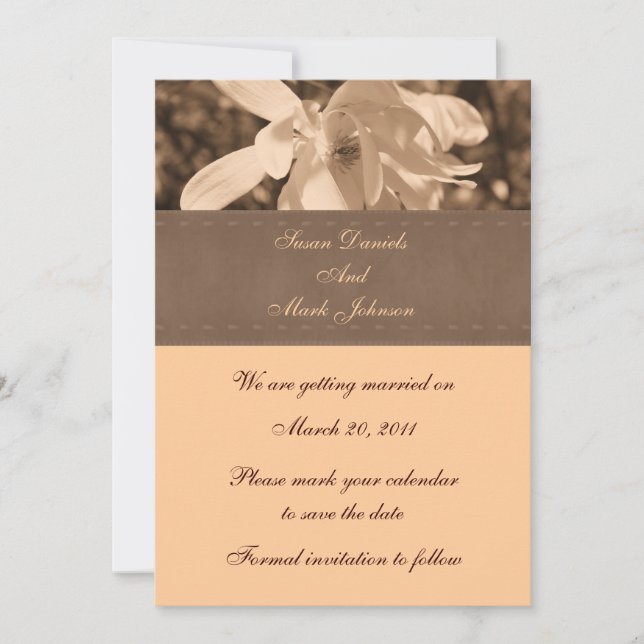 Invitation Mariage Fleur Sepia Magnolia Sauvez La Date (Devant)