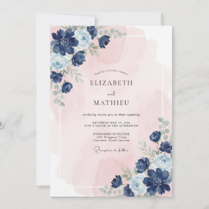 Invitation Mariage Fleur Sérénité Bleu Marine